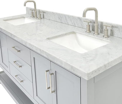 ARIEL 73" Grey Double Bathroom Vanity with 1.5" Edge Italian Carrara Marble Countertop & Splash, Rectangular Sinks, 4 Soft Closing Doors, 3 Dovetail Full Extensions Drawers, Brushed Nickel