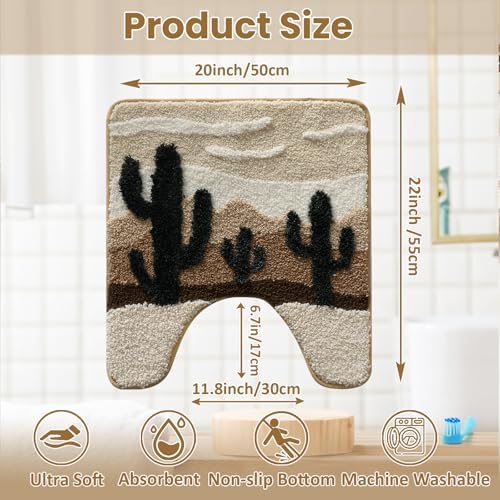 Desert Cactus Toilet Mat, U-Shaped Non-Slip Bath Rug with Soft Absorbent Microfiber, Beige Brown Bathroom Floor Mat for Toilet Base, Machine Washable Bathroom Decor 22x20 Inch