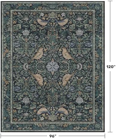 Dark Blue and Green Washable 8x10 Area Rugs for Living Room - Soft Non Slip Botanical Rug for Dining Room Under Table, Bedroom Under Bed, Vintage Large Carpet Decor Stain Resistant