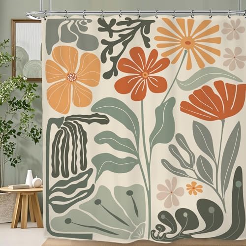 Retro Flower Matisse 70s Shower Curtain 72Wx72L Inch Colorful Groovy Vintage Trendy Funky Sage Green Orange Bathroom Set Accessories Decor with 12 Pack Hooks