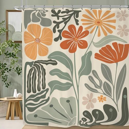 Retro Flower Matisse 70s Shower Curtain 72Wx72L Inch Colorful Groovy Vintage Trendy Funky Sage Green Orange Bathroom Set Accessories Decor with 12 Pack Hooks