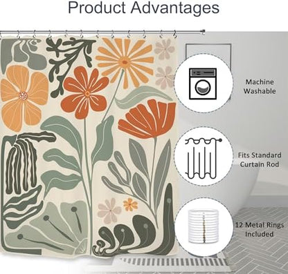 Retro Flower Matisse 70s Shower Curtain 60Wx72L Inch Colorful Groovy Vintage Trendy Funky Sage Green Orange Bathroom Set Accessories Decor with 12 Pack Hooks