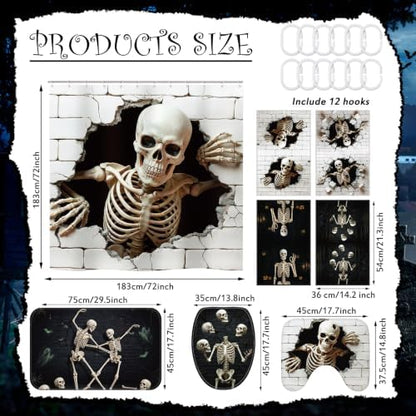 FuWeave 8 Pcs Halloween Shower Curtain Set, Skeleton Breakthrough Bathroom Decor with 3D Wall-Breaking Skull, Include Non-Slip Bath Mat, Toilet Lid Cover, Towels and 12 Hooks for Gothic Bathroom