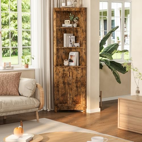 INNOD 69" Tall Corner Shelf with Doors, 6-Tier Corner Storage Cabinet with Doors, Space Saver Shelf for Bathroom, Bathroom Floor Cabinet for Living Room Kitchen, Hallway
