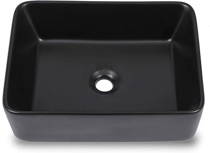 Black Vessel Sink Rectangle, Dcolora 19"x15" Matte Black Bathroom Vessel Sink Rectangular Above Counter Ceramic Porcelain Lavatory Vanity Sink Bowl Basin