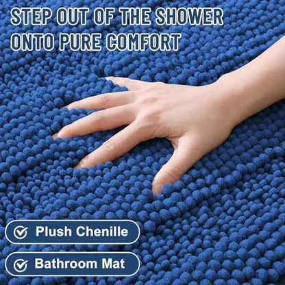 Grandaily Chenille Striped Bathroom Rugs 44x24, Extra Thick and Soft Absorbent Bath Mats, Rubber Backing, Plush Shaggy Shower Carpet, Machine Wash Dry, Bath Rug for Bathroom, Deep Navy Blue