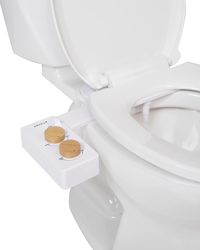 TUSHY Basic 2.0 Bidet Toilet Seat Attachment | Warm-Water Optional. Modern Sleek Design. Fresh Clean Water Sprayer (Non-Electric Self Cleaning Adjustable Nozzle), (White/Bamboo)