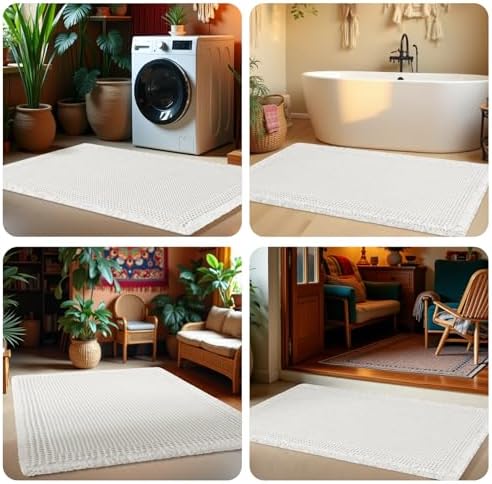 IM HOME Extra Large Waffle Bath Mat, Boho Bathroom Rugs Absorbent Non Slip, Ultra Soft Bathroom Mat, Machine Washable Knit Bath Rugs with Tassels for Bathroom, Bedroom, Kitchen, Tub, 5'x2', White