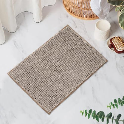 FRESHMINT Chenille Bath Rugs Extra Soft and Absorbent Microfiber Shag Rug, Non-Slip Runner Carpet for Tub Bathroom Shower Mat, Machine-Washable Durable Thick Area Rugs (Taupe + White, 24" x 17")