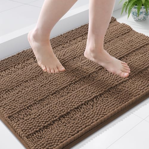 Grandaily Chenille Striped Bathroom Rugs 44x24, Extra Thick and Soft Absorbent Bath Mats, Rubber Backing, Plush Shaggy Shower Carpet, Machine Wash Dry, Bath Rug for Bathroom, Mocha