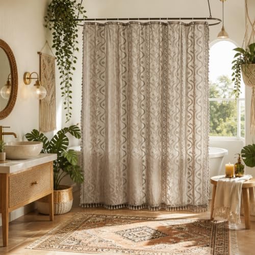 WAZZIO Taupe Lace Shower Curtain for Bathroom 72" W x 72" L, Victorian Farmhouse Floral Pattern Tassel Fancy Shower Curtain Boho Washable Cloth Decorative Bath Curtains,1 Panel