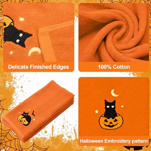 JarThenaAMCS 3Pcs Halloween Hand Towels Black Cat Pumpkin Cotton Embroidered Bathroom Towel Orange Absorbent Bath Towel for Hand Drying Cleaning Cooking Kitchen Decor, 29.5 x 13.7 Inch