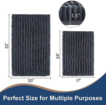 Luxury Chenille Charcoal Grey Bathroom Rugs Sets 2 Piece, Thickened Hot Melt Rubber Bottom Bath Mats for Bathroom Non Slip,Bath Rugs Quick Dry Machine Washable for Shower Mat (32"x20"+17"x24")