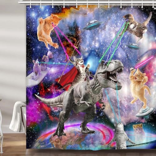 JAWO Funny Cat Shower Curtain, Cool Dinosaur Japanese Ocean Wave Shower Curtain, Cat Riding Dinosaur Fun Nautical Kids Children Rustic Wooden Farmhouse Bathroom Accessories, 72X72inch, Purple