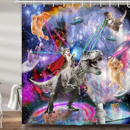 JAWO Funny Cat Shower Curtain, Cool Dinosaur Japanese Ocean Wave Shower Curtain, Cat Riding Dinosaur Fun Nautical Kids Children Rustic Wooden Farmhouse Bathroom Accessories, 72X72inch, Purple