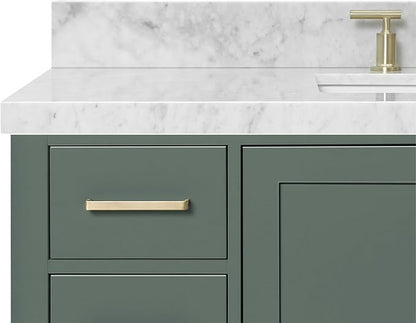 Beckford 48-inch Vintage Green Bathroom Vanity with Center Rectangle Single Sink, Italian Carrara Marble Countertop & Backsplash, Solid Wood Frame, Soft-Closing & Dovetail Drawers