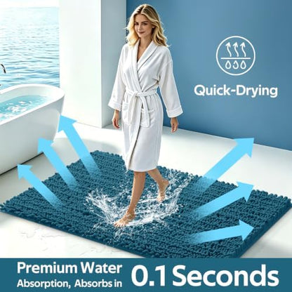 ACCUMTEK Upgrade Extra Large Teal Blue Bathroom Rug Set 3 Pieces Ultra Soft, Thick Absorbent Bath Mats, Non Slip Chenille Toilet Mat for Bathroom, Bedroom, Kitchen