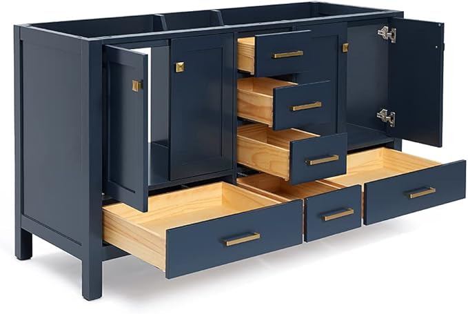 ARIEL Cambridge 60-inch Bathroom Vanity Base Cabinet,Solid Wood, 4 Soft Closing Doors, 6 Dovetail Drawers, Midnight Blue