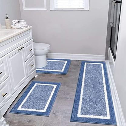 Pauwer Bathroom Rugs 3 Piece Set, Non Slip Washable Bath Mat, Blue