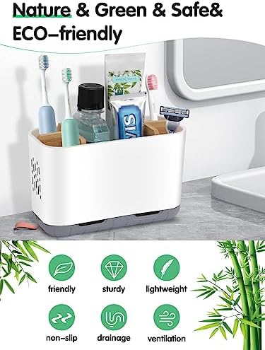 GFWARE Toothbrush Holders for Bathrooms - Bamboo Divider Toothbrush and Toothpaste Holder with Drainage, Kids Electric Toothbrush Organizer for Bathroom Countertop, White Tooth Brush Holder