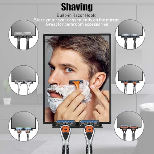 LFOYOU Shower Mirror for Shaving & Washing Your Face with a Squeegee - Built-in Two Razor Holder, 360°Rotation Adjustable Shaving Bathroom Mirror - Easy Install, Home Shower Accessory(Not Fogless)