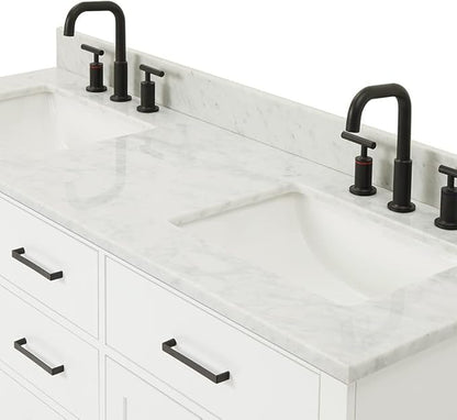 ARIEL Hepburn 60-inch Bathroom Vanity with Sink,Solid Wood, 0.75-inch Italian Carrara Marble Countertop, Double Rectangular Porcelain Sink, 4 Soft Closing Doors, 6 Dovetail Drawers, White