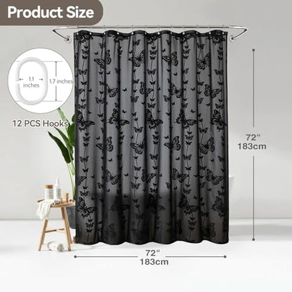 Onalasyc Black Butterfly Shower Curtain,Lace Sheer Shower Curtain,72x72in