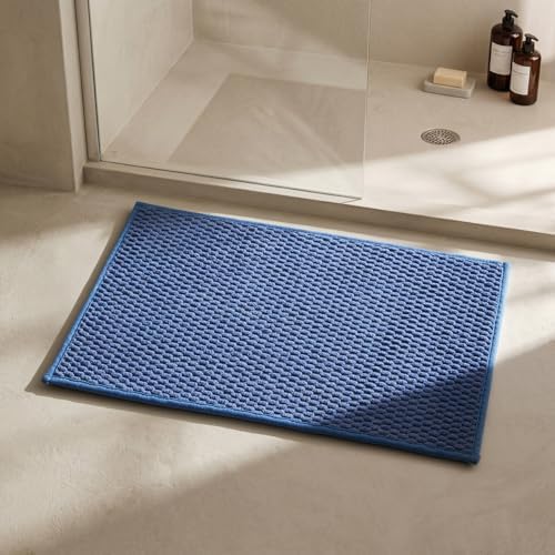 Triohero Bathroom Rugs Non Slip Washable, Super Absorbent Thin Bath Mat Small Quick Dry Low Pile Bathroom Rug, Denim Blue 16"x24"