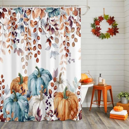 Shower Curtain Bathroom Set Fall Thanksgiving Pumpkin Orange Eucalyptus Leaf Waterproof Shower Curtains with Grommets Hooks Autumn Fallen Leaves Privacy Bath Curtain for Bathtub Decor 36x72in