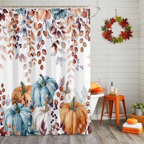 Shower Curtain Bathroom Set Fall Thanksgiving Pumpkin Orange Eucalyptus Leaf Waterproof Shower Curtains with Grommets Hooks Autumn Fallen Leaves Privacy Bath Curtain for Bathtub Decor 72x72in