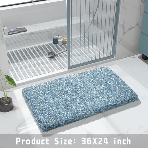 Yimobra Bathroom Rugs Non Slip Washable 36X24, Ultra Soft and Water Absorbent Bath Mats, Plush Fluffy Shower Mat Outside, Luxury Microfiber Thick Matts for Bathroom Floor/Tub, Denim Blue and White