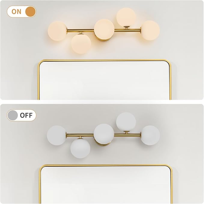 Gold Bathroom Vanity Light Fixtures,5 Lights Mid Century Modern Wall Sconce | Milk Glass Globe Wall Sconce Lighting,Modern Brushed Gold Brass Champagne Bronze Bathroom Vanity Light over Mirror,G9 Base
