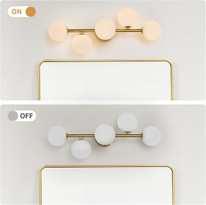 Modern Bathroom Vanity Light Fixtures,LED Brushed Gold Wall Sconce Lighting | 5 Lights Milk Glass Globe Vanity Light,Brushed Gold Bathroom Vanity Light,Dimmable Brass Mid Century Wall Sconces over Mirror