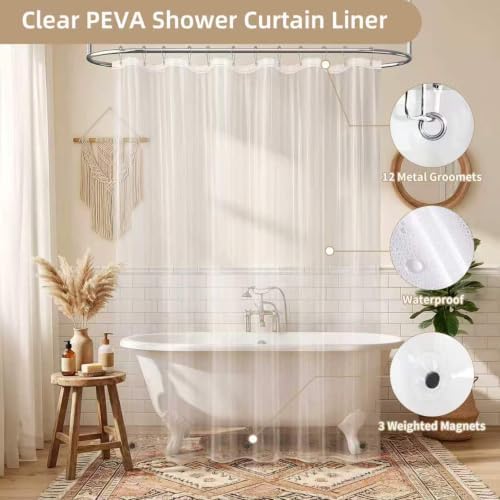 White Shower Curtain and Liner, 3 in 1 Waffle Shower Curtain Set with 12 Double Sided Shower Curtain Hooks, Fabric Shower Curtains for Bathroom 72 x 72