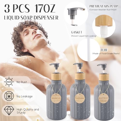 Grey Bathroom Accessories Set 17PCS Bathroom Set with Trash Can 3PCS Lotion Soap Dispenser, Toothbrush Holder, Soap Dish,Tumbler Cup,6PCS Wood Tags Bath Accessories with Tray for Bathroom