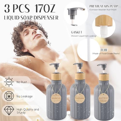 Grey Bathroom Accessories Set 17PCS Bathroom Set with Trash Can 3PCS Lotion Soap Dispenser, Toothbrush Holder, Soap Dish,Tumbler Cup,6PCS Wood Tags Bath Accessories with Tray for Bathroom