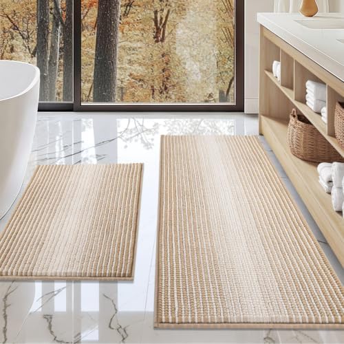 BSICPRO Bathroom Rugs Sets 2 Piece, Non Slip Boho Bath Mats, Beige