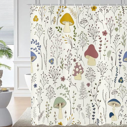 deFouliao Mushroom Shower Curtain, Boho Floral Waterproof Shower Curtain for Bathroom Bathtub Home Curtain Decor with Hooks, Machine Washable, 72''Wx84''L