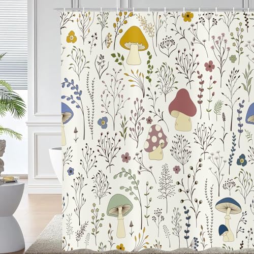 deFouliao Mushroom Shower Curtain, Boho Floral Waterproof Shower Curtain for Bathroom Bathtub Home Curtain Decor with Hooks, Machine Washable, 65''Wx72''L