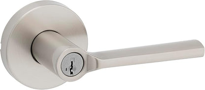 Kwikset Lisbon Round Entry Door Knob with Lock and Key, Secure Keyed Handle Exterior, Front Entrance and Bedroom, Satin Nickel, Pick Resistant SmartKey Rekey Security and Microban