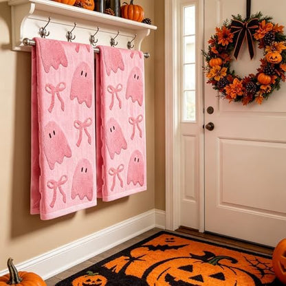 2 Pack Halloween Hand Towels 100% Cotton Jacquard Ghost Halloween Kitchen Towels White Bathroom Towels Set Seasonal Bathroom Decor (Bow and Ghost, Halloween)