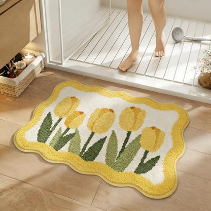 Wave-Shaped Tulip Bath Mat, Soft Non-Slip Fluffy Fresh Flowers Bathroom Rug, Ultra Absorbent Microfiber Shaggy Doormat, Machine Washable Floral Bath Rug for Bathroom Bedroom 20x32 Inch (Wave Yellow)