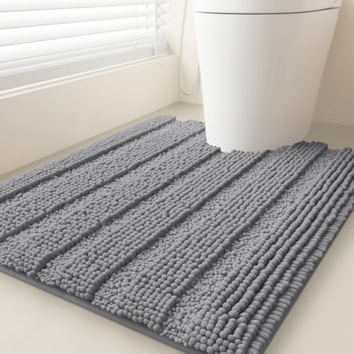 Striped Light Grey Toilet Bathroom Rug Mat 24" x 20" Contour Rug Ultra Soft, Non Slip Chenille Bath Rugs, Absorbent Plush Shaggy Bath Mats for Bathroom, Bedroom, Kitchen, Shower, Tub,Light Gray
