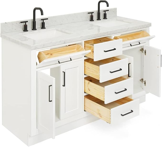 ARIEL Hepburn 60-inch Bathroom Vanity with Sink,Solid Wood, 1.5-inch Italian Carrara Marble Countertop, Double Rectangular Porcelain Sink, 4 Soft Closing Doors, 6 Dovetail Drawers, White