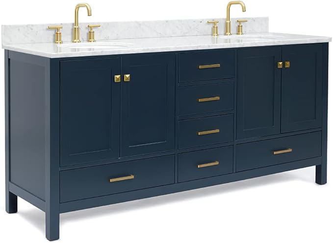 ARIEL Cambridge 72-inch Bathroom Vanity with Sink,Solid Wood, 0.75-inch Italian Carrara Marble Countertop, Double Oval Porcelain Sink, 4 Soft Closing Doors, 6 Dovetail Drawers, Midnight Blue