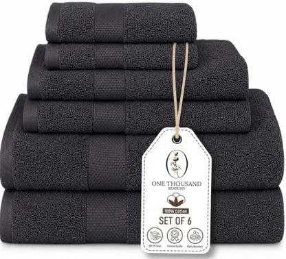Premium Staple Cotton Bathroom Towel Set - Dark Gray 600 GSM 6-Piece Luxury Bath Towel Set 1 Stripe - 2 Bath Towels, 2 Hand Towels & 2 Washclothes Set - High Absorbent & Quick Dry for Gym, Spa, Hotel