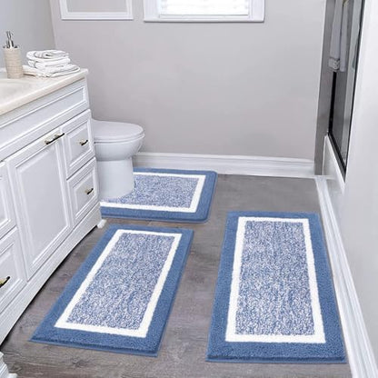 Pauwer 3 Piece Bathroom Rug Set, Non Slip Washable Bath Mat, Blue