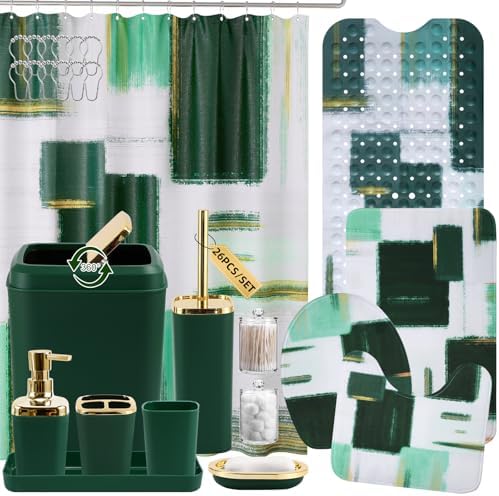 XLHOMO Bathroom Accessories Set - 26PCS Dark Green Bathroom Set, Bathroom Accessory Set with Shower Curtain and Rugs and Bathtub Mats for Home