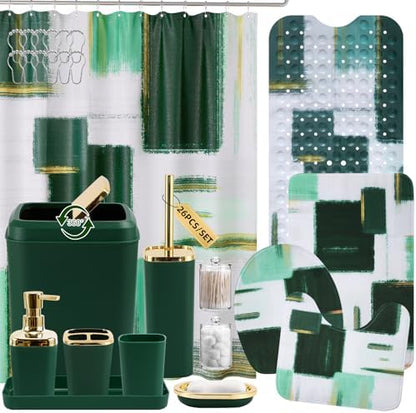 XLHOMO Bathroom Accessories Set - 26PCS Dark Green Bathroom Set, Bathroom Accessory Set with Shower Curtain and Rugs and Bathtub Mats for Home