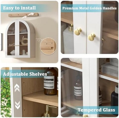 Bathroom Arched Wall Cabinet, 23.5'' Wide Medicine Cabinet, Bathroom Cabinet Wall Mount with Glass Doors & Adjustable Shelves, Over The Toilet Storage Cabinet for Laundry Room, Bedroom,Kitchen, White
